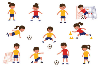 Cartoon Children Playing Soccer and Practicing Drills in Various Poses