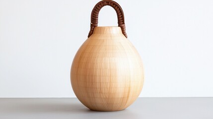 A light brown wooden vase with a brown leather handle.