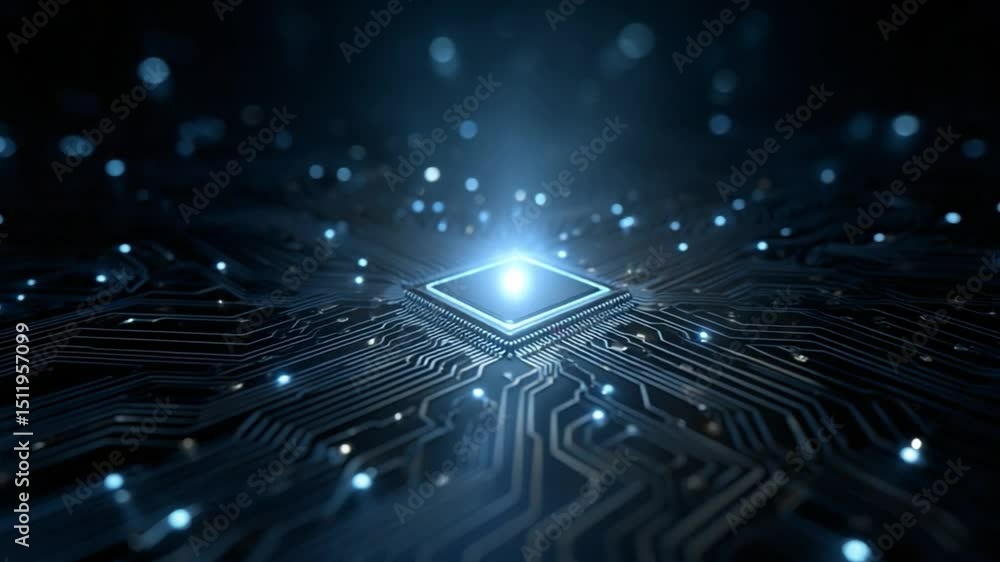 Aufkleber futuristic technology concept with glowing chip and abstract circuit background in dark digital envi
