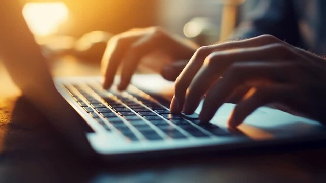 Close-up of hands typing on laptop keyboard, focus on digital engagement