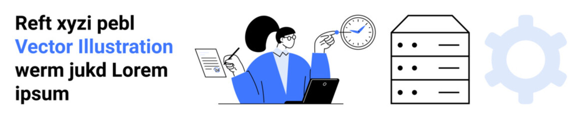 Professional analyzing records on laptop with clock, server stack, and gear, symbolizing teamwork, time management, data storage, system optimization, technology process improvement. Ideal