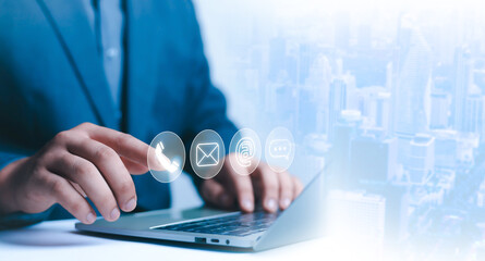 Businessman icons (address, phone, email, mobile, call) contact customer support, email website help, business contact service digital technology, contact us, 24 hours online customer service center c