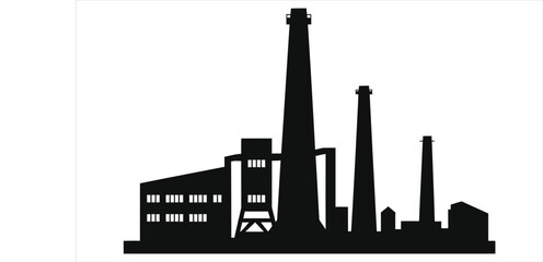 Obraz premium (Steel Mills)Vector silhouette of an industrial complex/A straightforward black silhouette of an industrial complex, featuring multiple buildings, smokestacks, and other structures.
