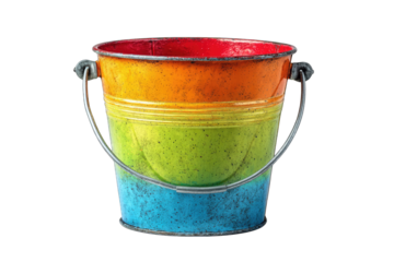 Colorful metal pail with rainbow hues