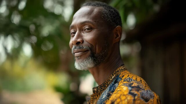 Portrait of mature adult man with graying beard wearing patterned traditional African shirt in outdoor setting with green foliage