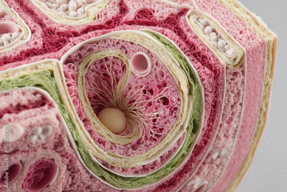 Poster detailed 3d cross-section of nephron structure showcasing clean left zone with intricate filtering e