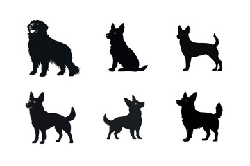 Six dog silhouettes different breeds black and white