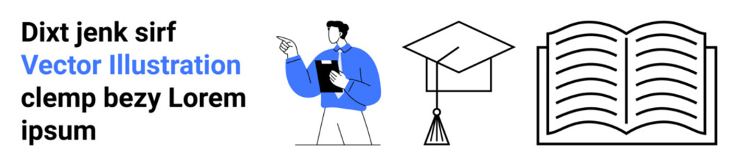 Man holding a clipboard, graduation cap, and open book symbolizing education, learning, or knowledge. Ideal for study, exam prep, online learning, academic material university teacher resources