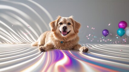 Happy golden retriever lying on colorful background celebrating National Dog Day  