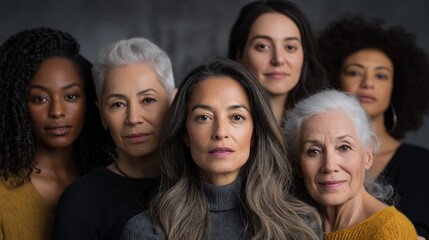 Fototapeta premium A group of women from various ethnicities stands together, exuding confidence and solidarity. Each woman has a unique style, highlighting their individuality while celebrating diversity