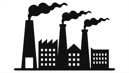 Obraz premium (Factory Buildings)Simple black and white vector silhouette of an industrial factory complex emitting smoke./This is a clean, minimalist silhouette of a factory complex.