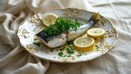 A beautifully garnished fish dish served on a vintage china plate