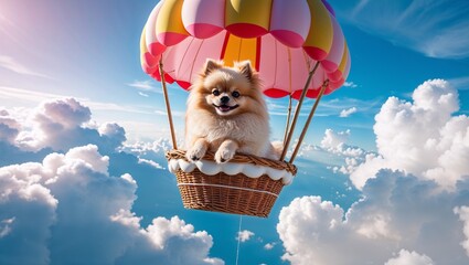 Pomeranian dog flying in a colorful hot air balloon in the sky for National Dog Day  