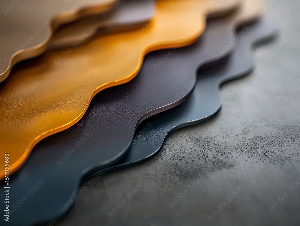 Poster abstract wave pattern: layered, undulating shapes in shades of gray, dark blue, and golden yellow cr