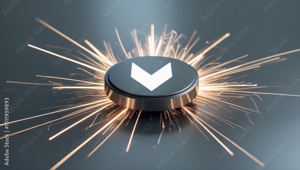 Poster a metallic button with a downward arrow symbol surrounded by vibrant sparks against a dark backgroun