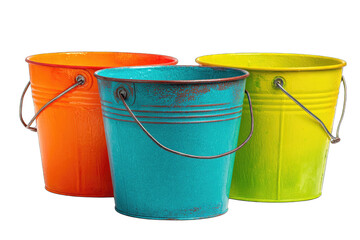 Three brightly colored metal buckets, arranged in a row.  Each bucket features a handle and a slightly distressed, vintage-like appearance.  The buckets are vibrant orange, teal, and lime green