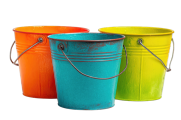 Three brightly colored metal buckets, arranged in a row.  Each bucket features a handle and a slightly distressed, vintage-like appearance.  The buckets are vibrant orange, teal, and lime green