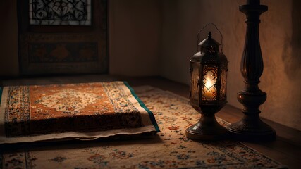A cozy corner of a prayer room with a decorative rug, a Quran placed on a wooden stand