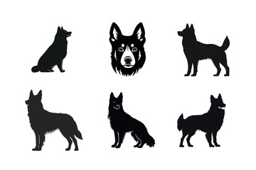 Six black dog silhouettes in various poses