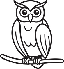 owl sitting on branch line art, black outline, vector and illustration, coloring book page line art drawing