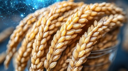 Close-up of ripe wheat stalks in a glass, with a technology-inspired background.