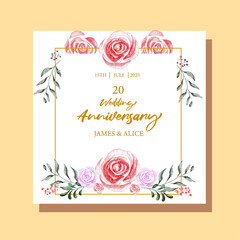  Anniversary party invitation card template editable text, Romantic and elegant watercolor floral frame, Anniversary card floral watercolor style 