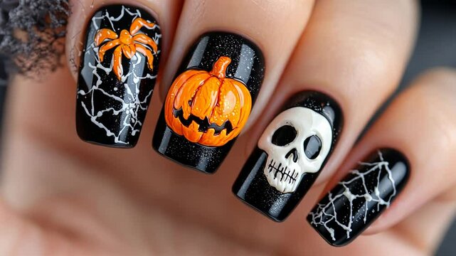 Creative halloween nail art design with pumpkin and skull motifs on black background.