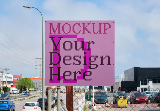A large square blank billboard stands near a parking lot. PSD Template mockup