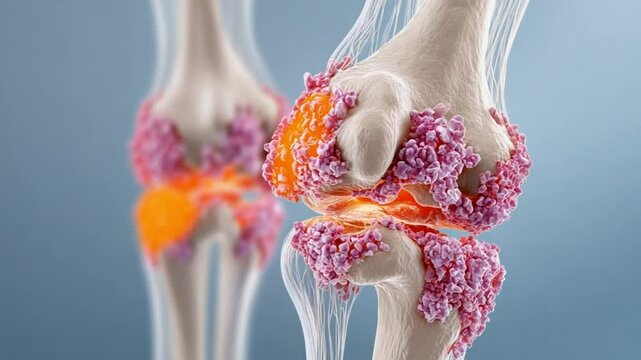Detailed illustration of human knee joint showing inflammation and tissue structures in vibrant colors and textures
