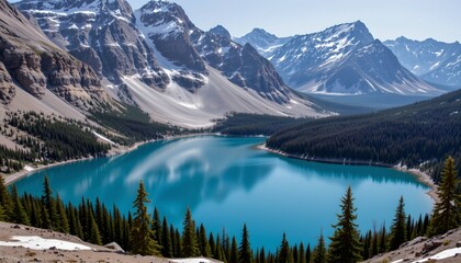 a panoramic view of a pristine mountain lake, its turquoise waters contrasting with the rugged, snow dusted cliffs and dense forests that encircle it