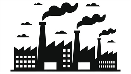 Obraz premium (Factory Buildings)Simple black and white silhouette illustration of a factory with smoke stacks./A stylized, black silhouette of a factory complex against a white background.