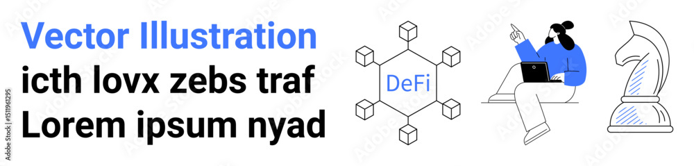 Poster blockchain network cube labeled defi with connected nodes, chess knight symbolizing strategy, and pe