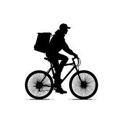 Obraz premium Black silhouette vector of a food delivery rider on bicycle, minimalist black on white.