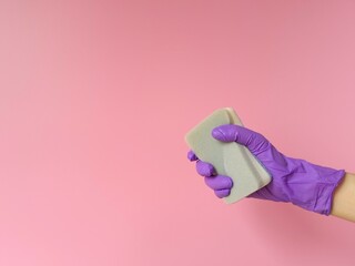 Hand in purple rubber protective glove holds porous sponge on pink background