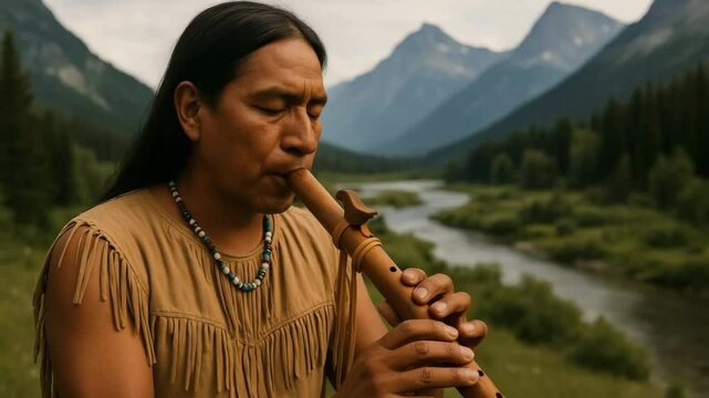 Native american man plays flute in nature with mountains and river in the background scenery view 4k uhd video