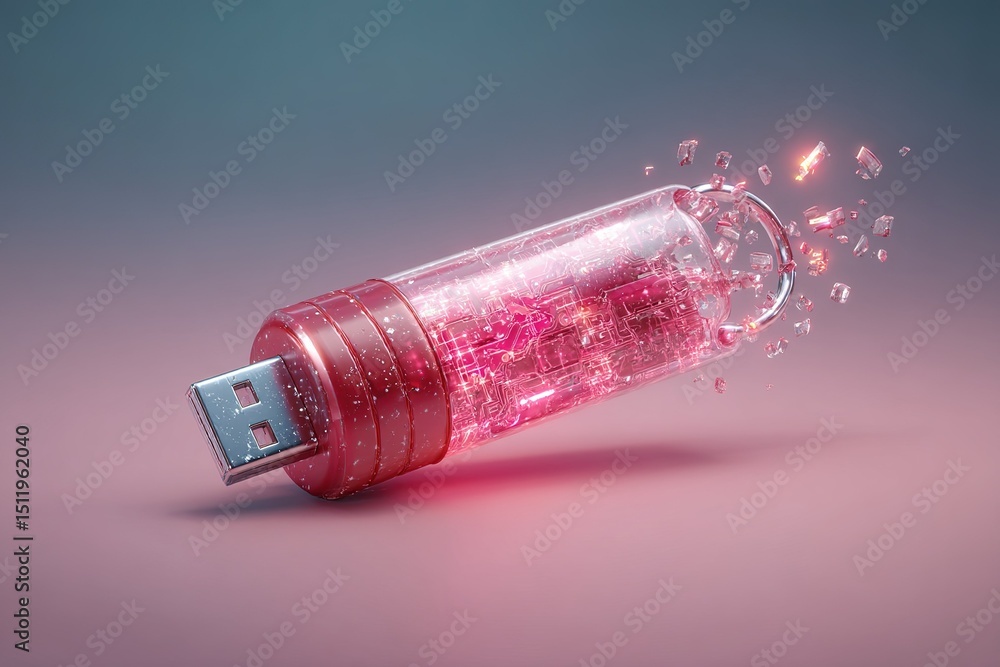 Poster tech innovation showcases futuristic usb drive with digital particles in mid-explosion against a sof