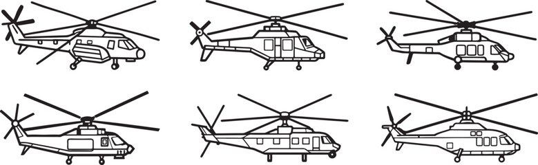 set of military helicopter line art, black outline, vector and illustration, coloring book page line art drawing © 69creativedesigner
