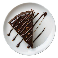 Rich, decadent slice of chocolate cake or tart, dark moist dessert, fudge sauce or cocoa drizzle, elegant gourmet treat, isolated, top-down