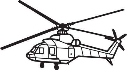 military helicopter line art, black outline, vector and illustration, coloring book page line art drawing