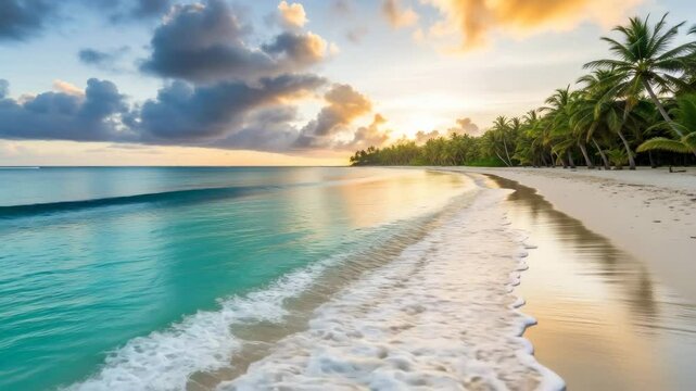 Tropical beach scene with palm trees at sunrise and calm turquoise water aerial view landscape shot 4k uhd video