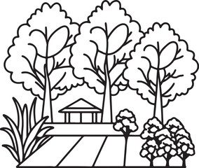 garden with trees line art, black outline, vector and illustration, coloring book page line art drawing
