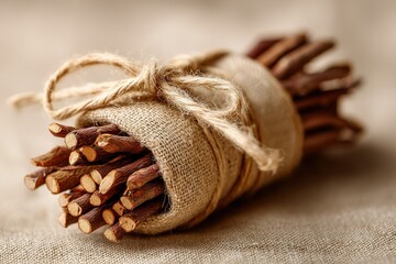 Natural bundles of wood sticks tied with twine resting on a textured fabric surface in soft lighting