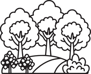 garden with trees line art, black outline, vector and illustration, coloring book page line art drawing