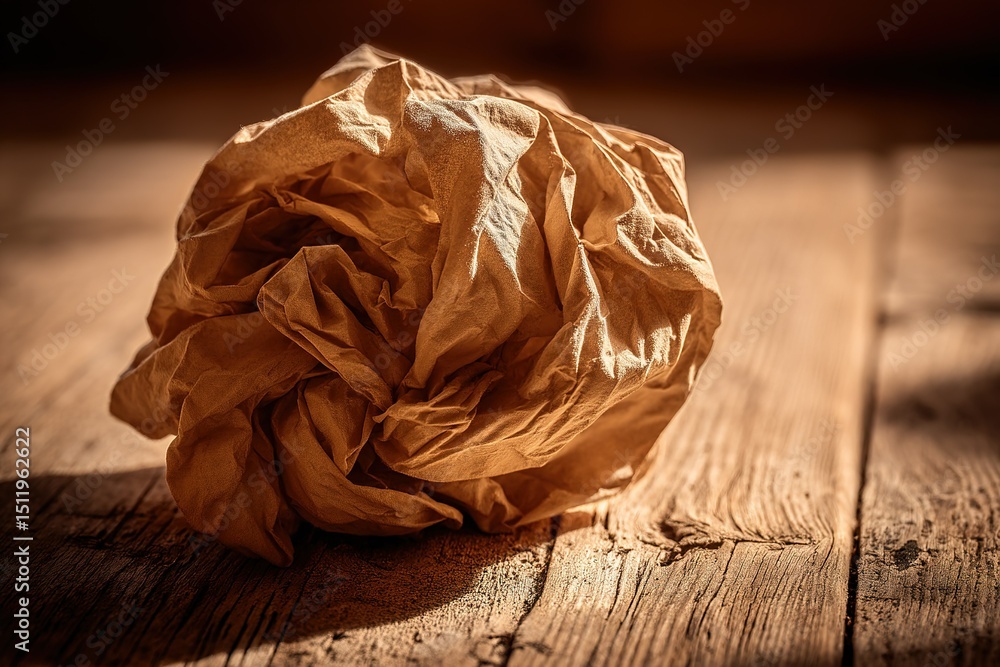 Aufkleber crumpled brown paper resting on a rustic wooden surface illuminated by gentle sunlight in a serene s