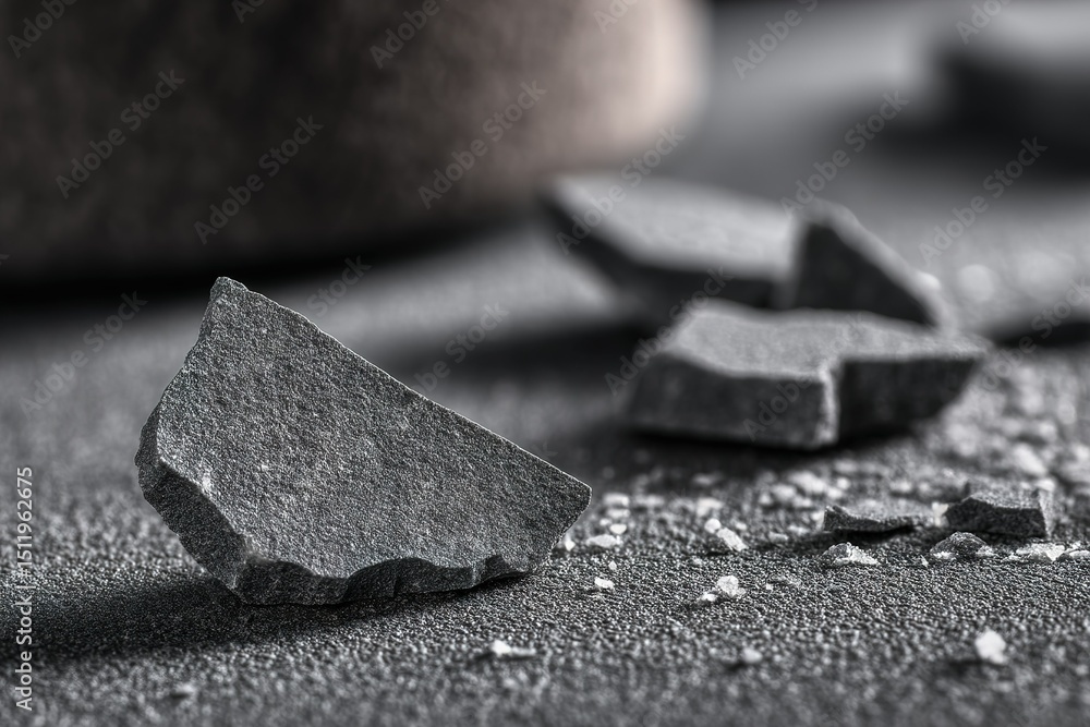 Poster close-up view of gray stone fragments scattered on a textured surface in a minimalistic setting