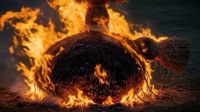 Burning Wicker Man Effigy at Night: Ritual Fire Ceremony