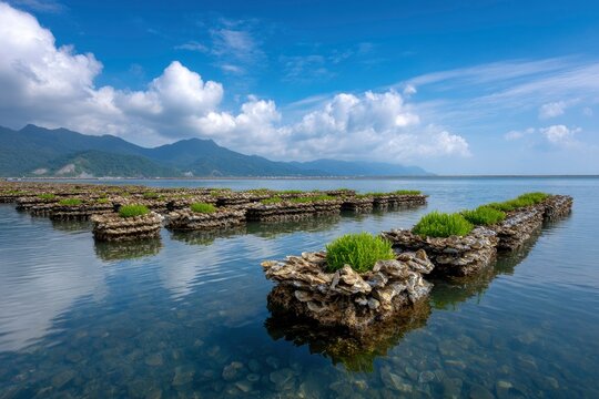 Picturesque coastal scenery with oyster beds topped with green plants under a blue sky, creating a