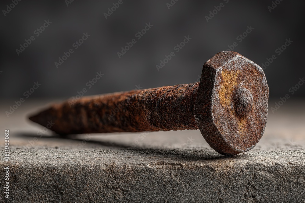 Poster rusty nail resting on a stone surface showcasing textures in a low-light setting