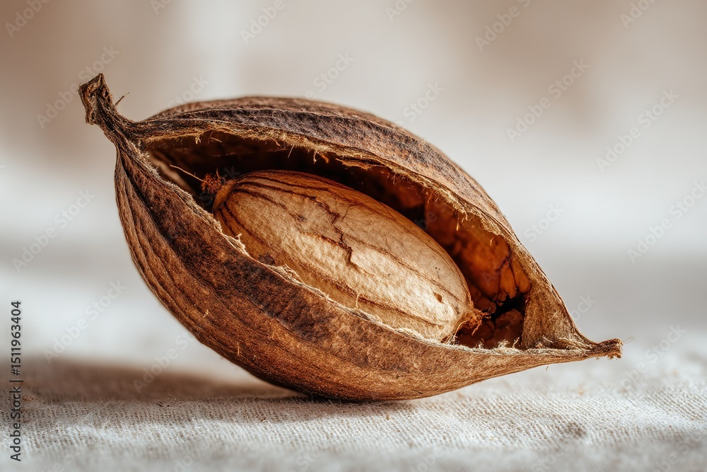 Poster close-up of a pecan in its shell showcasing natural textures and colors on a neutral background
