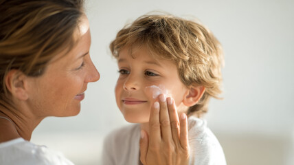 A mother applying lotion on her child's face, nurturing and protecting his skin with care. A tender moment of family love and care